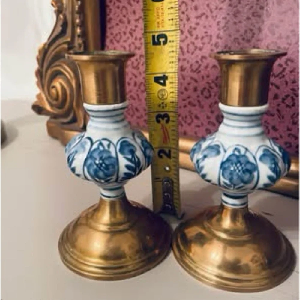 Solid Brass Delft Floral Blue White Porcelain2/  Taper 5” Candlestick Holders